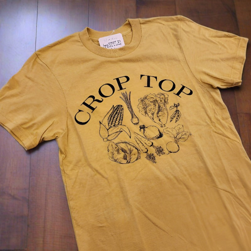 crop top harvest vegetables in color mustard tee