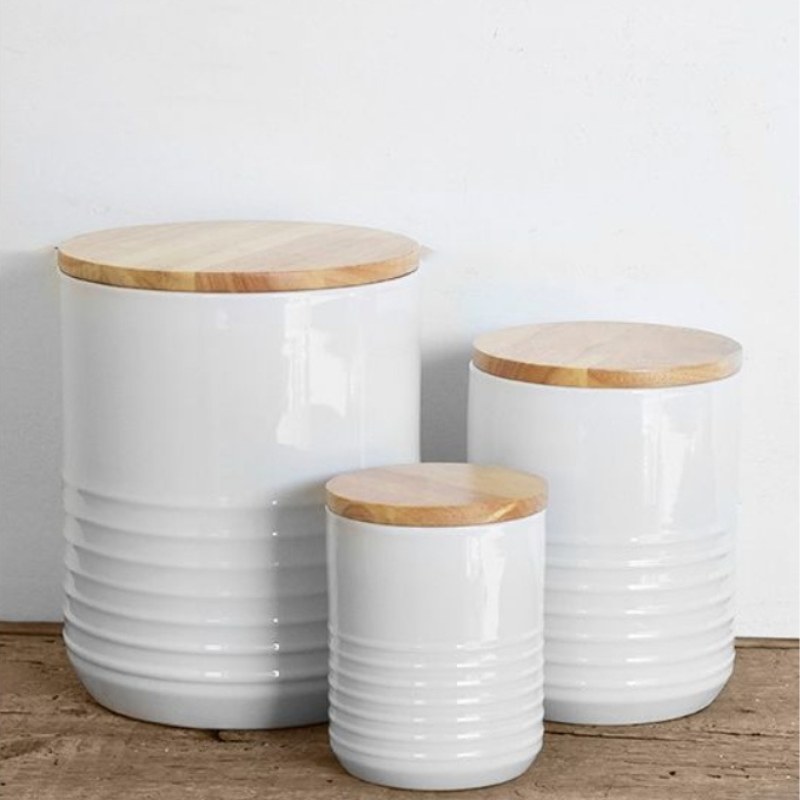White Ribbed Canister with Wood Lid