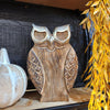 wood owl with silver metal eye outline