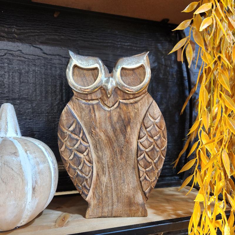 wood owl with silver metal eye outline