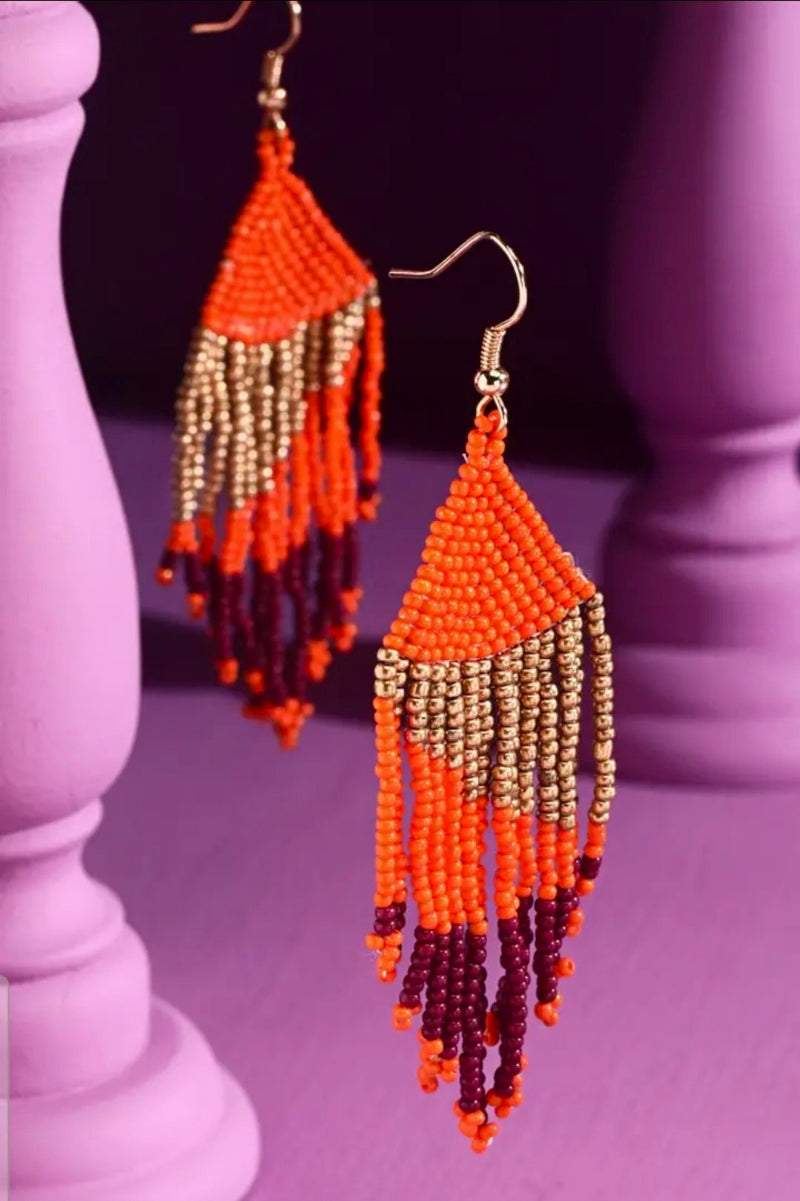 Beaded Color Block Fringe Earrings