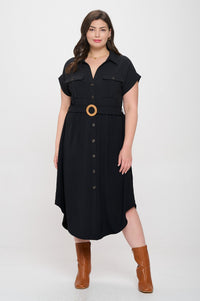 Button Down Belted Midi Dress