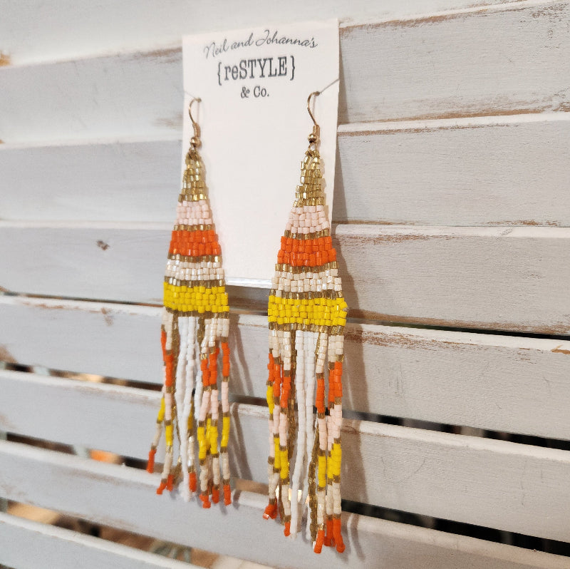 Candy Corn Beaded Fringe Earrings