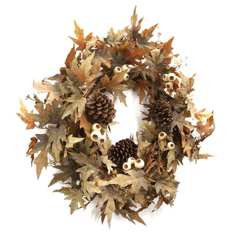 Autumn wreath with leaves, pinecones, and acorns on a white background