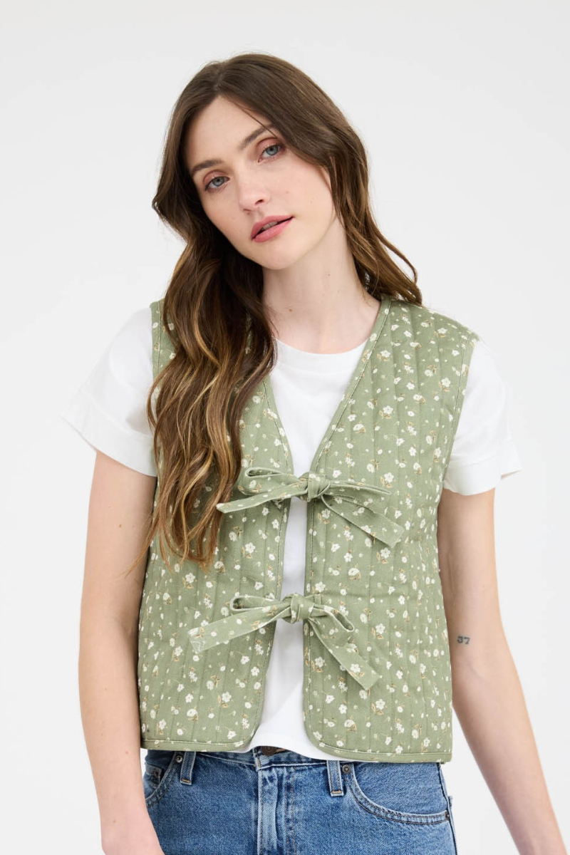 Floral Front Tie Quilted Vest