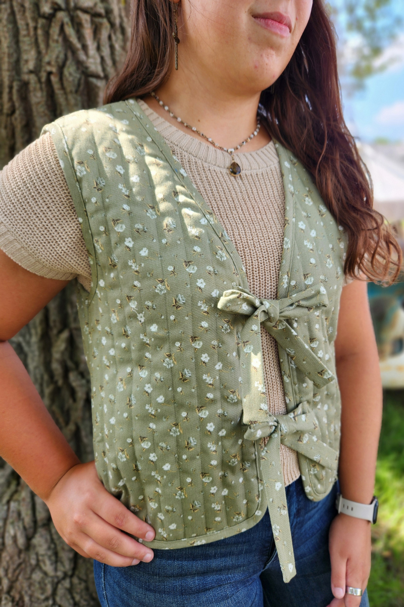 Floral Front Tie Quilted Vest