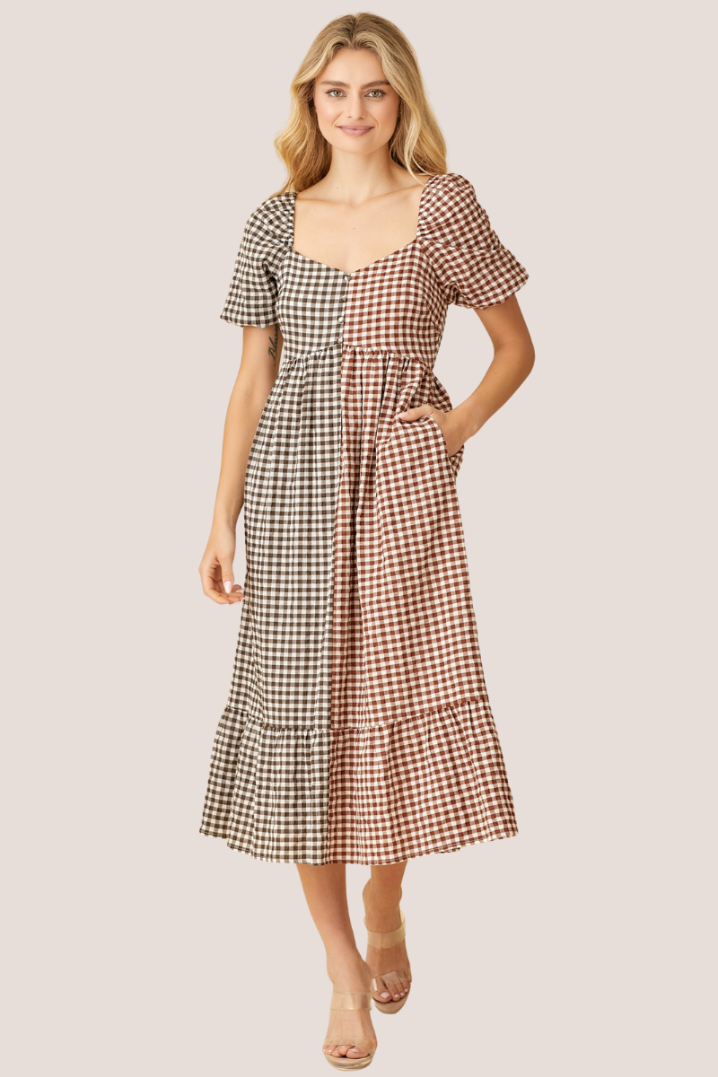 Two-Tone Gingham Maxi Dress