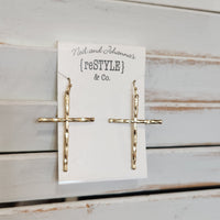 Gold Hammered Cross Earring