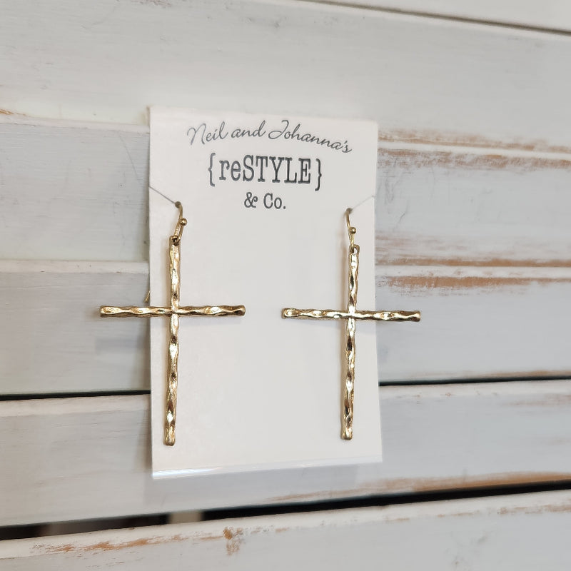 Gold Hammered Cross Earring