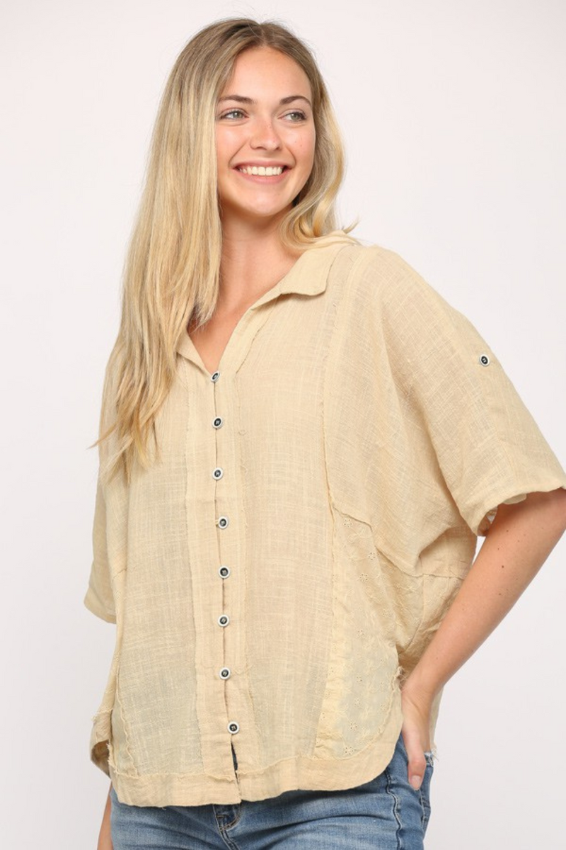 Linen Eyelet Lace Contrast Top