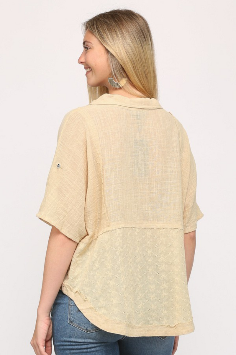 Linen Eyelet Lace Contrast Top