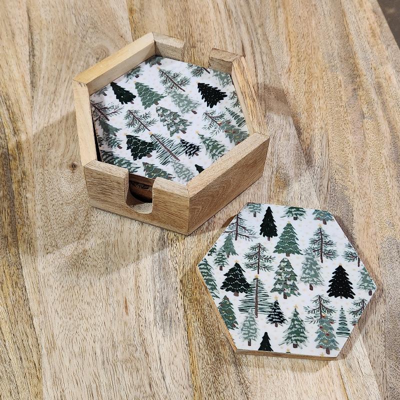 Mango Wood Tree Design Coaster Set