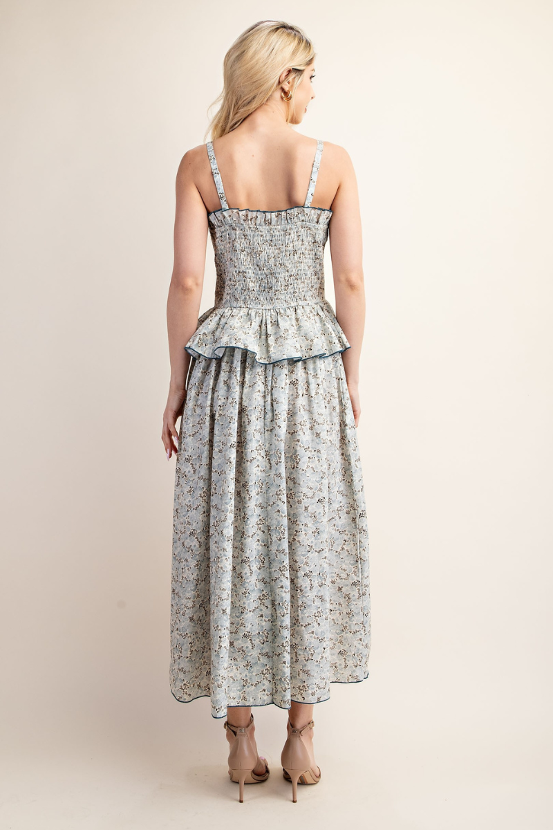 Blue Floral Ruffle Tiered Midi Dress