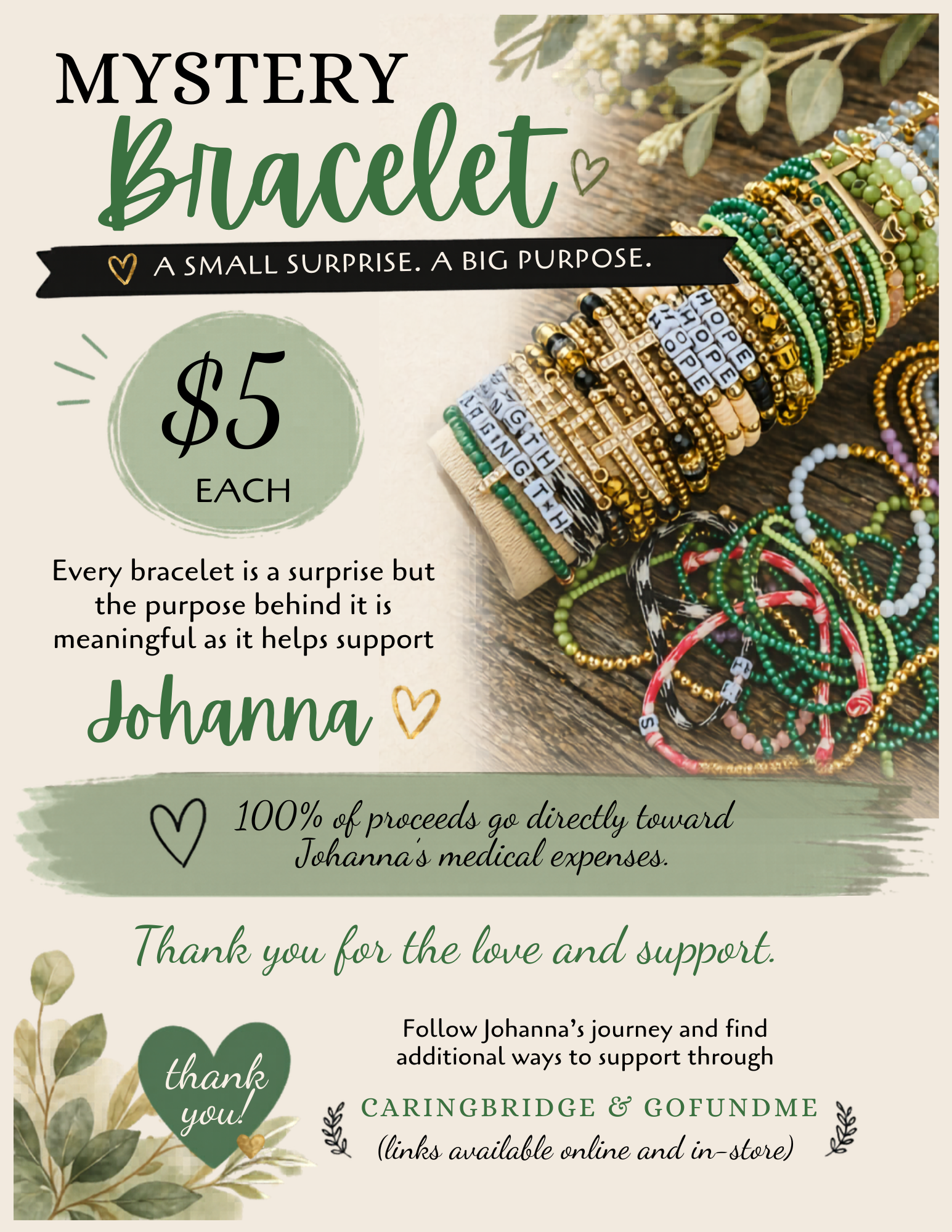 Promotional flyer for a 'Mystery Bracelet' fundraiser with colorful bracelets on a wooden surface.
