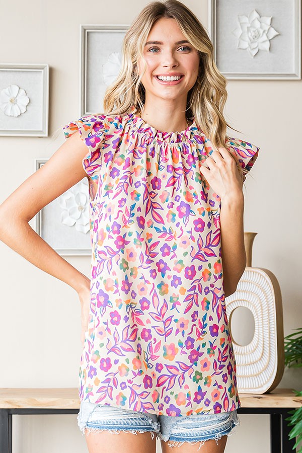 Pink Floral Ruffle Blouse