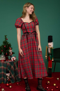 Plaid Puff Sleeve Midi Dress