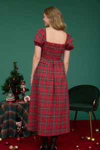 Plaid Puff Sleeve Midi Dress