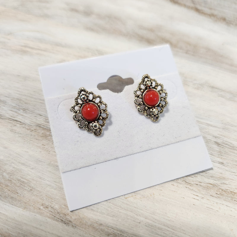 Red Filigree Stud Earrings