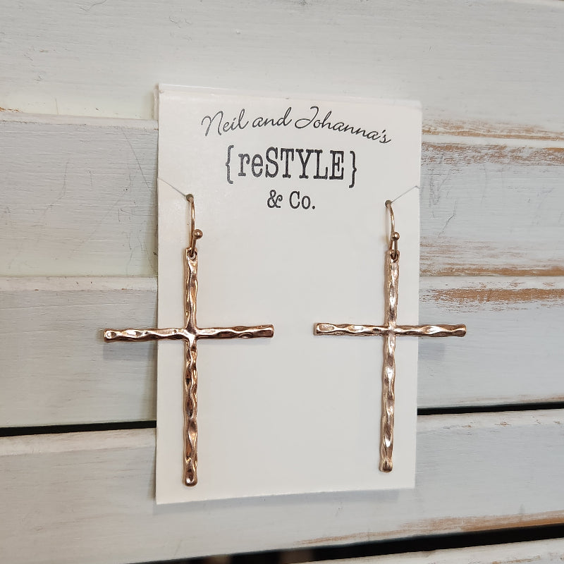Gold Hammered Cross Earring
