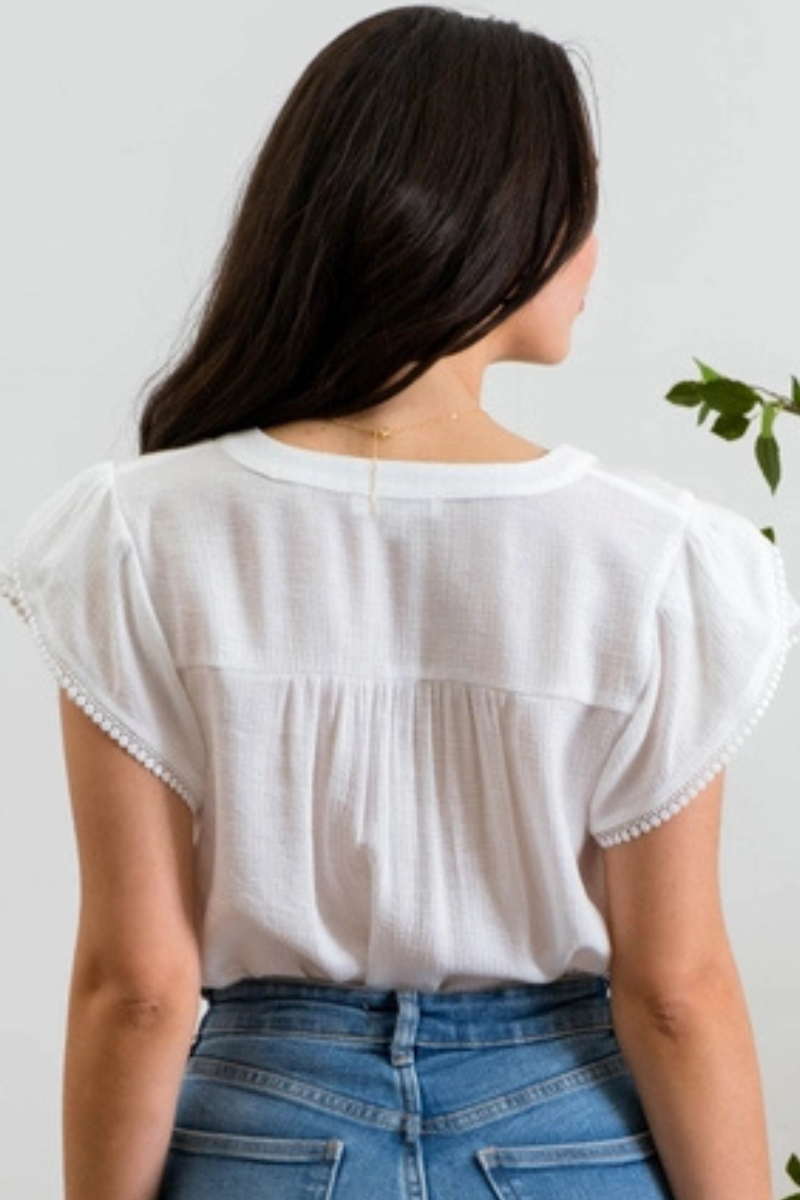 Split Neck Petal Sleeve Blouse