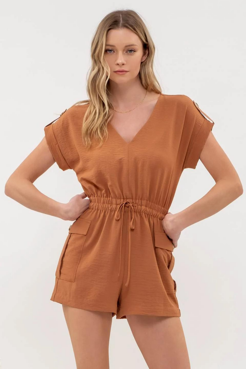 v neck short sleeve romper with cargo pockets in brown