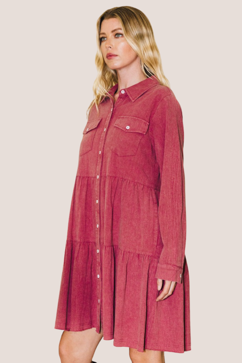 Washed Tiered Shirt Dress