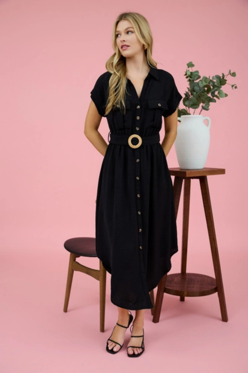 Button Down Belted Midi Dress