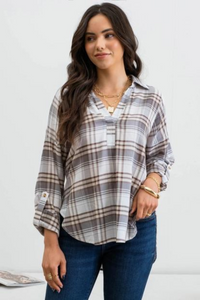 Plaid Split Neck Top