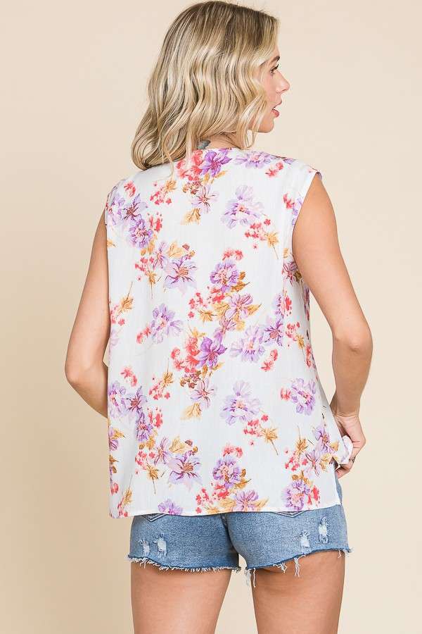 Ruffle Down Floral Sleeveless Top