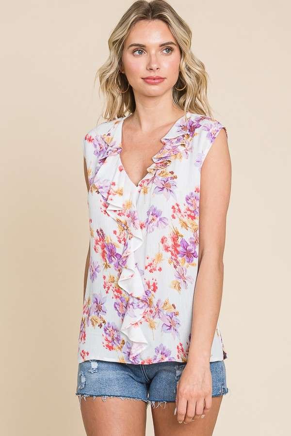 Ruffle Down Floral Sleeveless Top