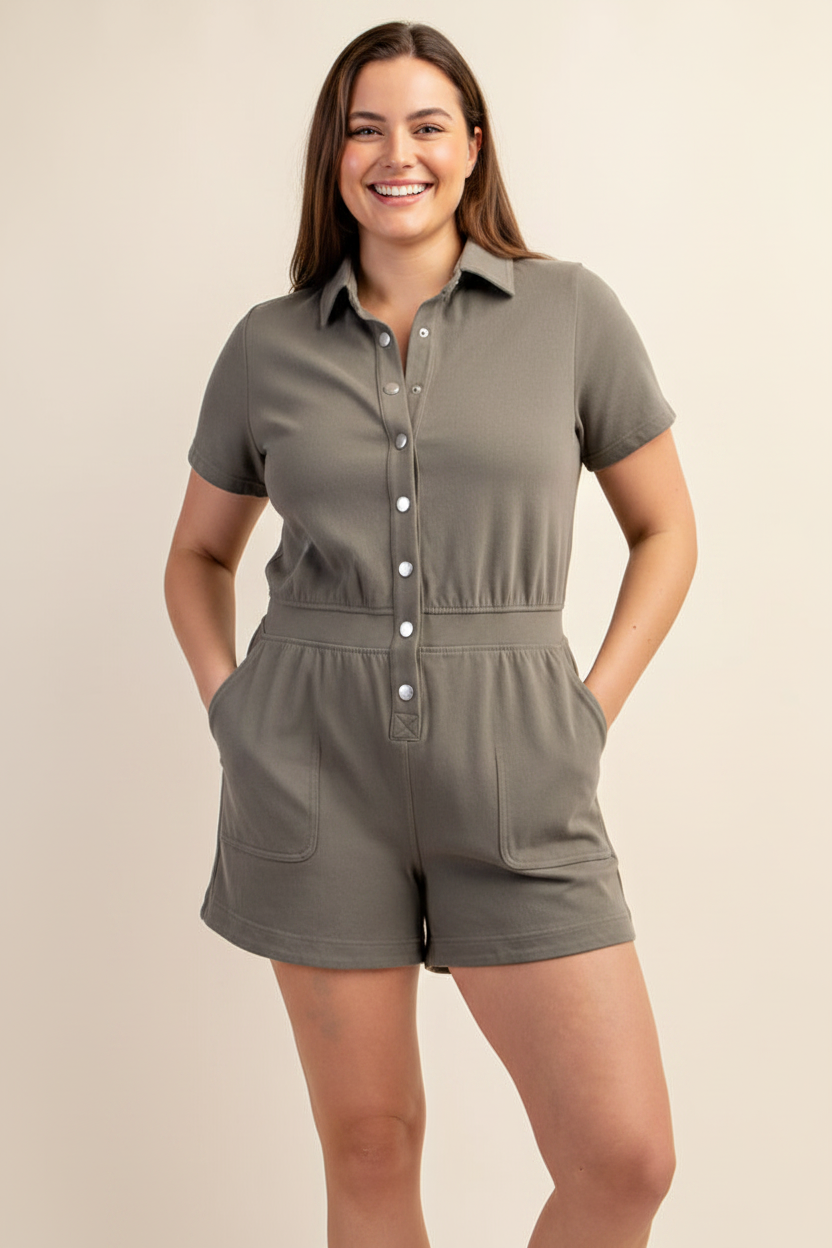 Stretch Twill Short Sleeve Romper