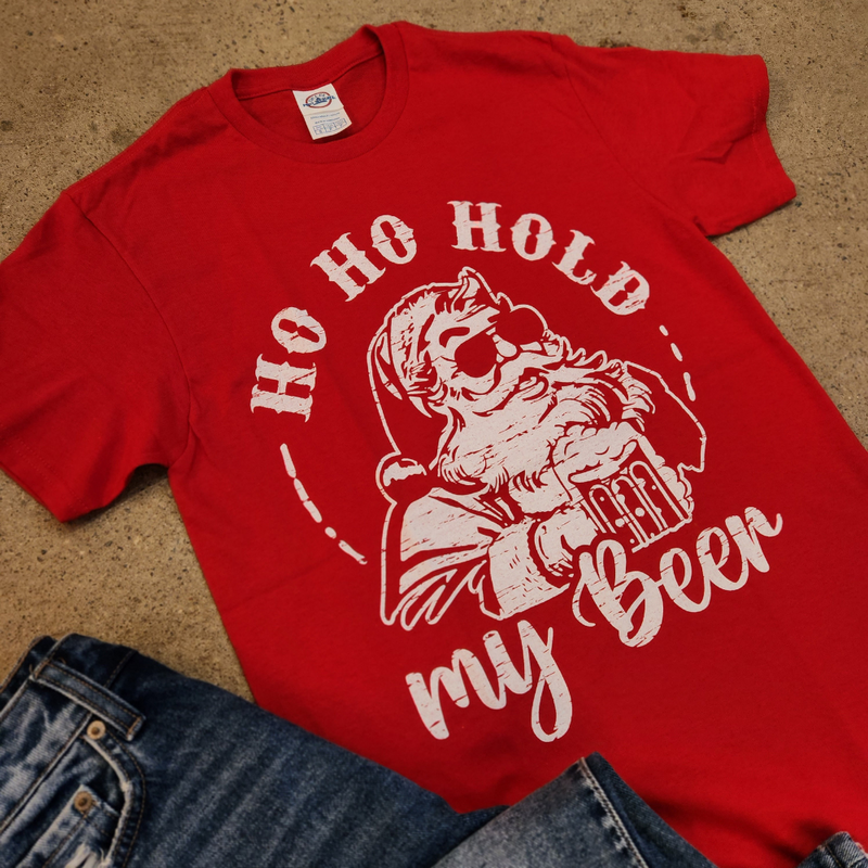 ho ho hold my beer Santa red graphic tee